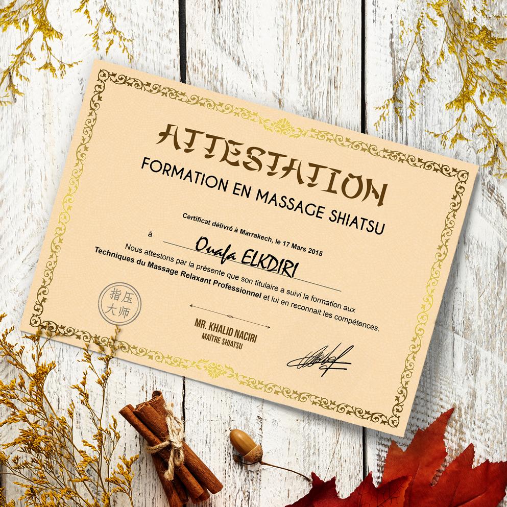 Design graphique d'attestation de formation pour centre de formation en massage professionnel