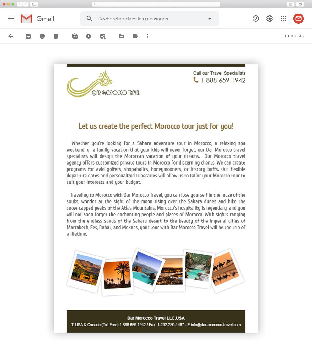 Design graphique d'une newsletter personnalisé pour agence d'excursion au Maroc